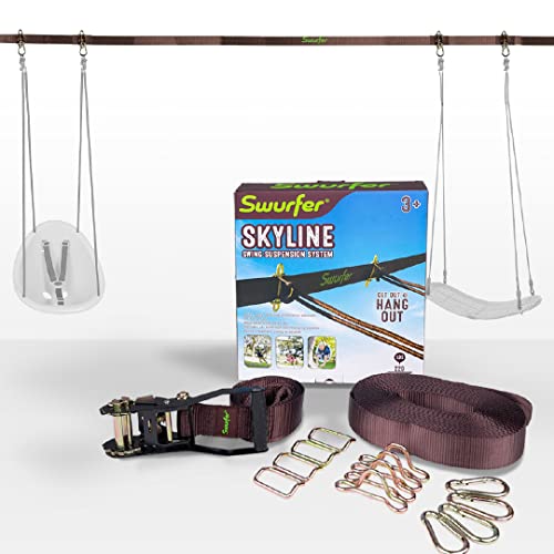 Swurfer Skyline Tree Swing Hanging Kit – Heavy Duty, Weather Resistant, Swing Line to Hang Multiple Swings, Span Up to 40 Feet, Includes 4 Adjustable Locking Anchors & Carabiners, Easy Installation