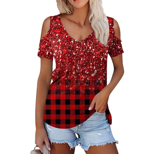 Womens Summer Clothes 2024 Womens Casual Tops Puff Short Sleeve Tunic Tops Womens V Neck Casual Blouse Womens Spring Tops Graphic Tees for Women(Red,Small)