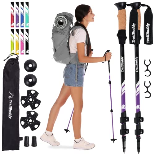 TrailBuddy Trekking Poles - Adjustable Hiking Poles for Snowshoe & Backpacking Gear - Set of 2 Collapsible Walking Sticks, Aluminum with Cork Grip (Purple)