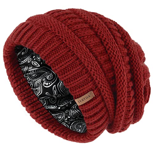 FURTALK Winter Beanie for Women Satin Lined Warm Knit Skull Slouch Beanie Hat (Wine Red-Satin Lining, One Size)