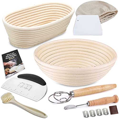 Banneton Bread Proofing Basket set-A complete Sourdough Proofing Basket kit of 9 Inch Round and 10 Inch Oval Bread Baskets with Cloth Liners Dough Scrapers Dough Whisk Bread Lame and Cleaning Brush