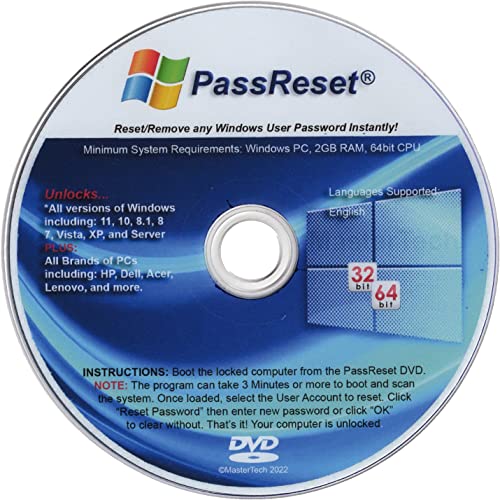 Windows Password Reset DVD for Windows 11 ,10 ,8.1 ,8 ,7 ,Vista , XP, Server 32/64bit PassReset