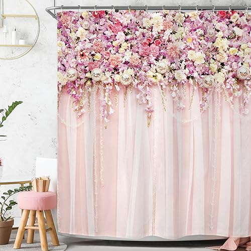 Riyidecor Pink Bridal Floral Shower Curtain for Bathroom 72Wx72H Inch Flower Rose Pattern Bath Set for Woman Girl Spring Nature Bathtub Accessories Fabric Panel Waterproof Plastic 12 Pack Hooks