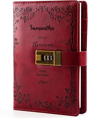 Personalized Diary with Lock, Lockable Secrets Journal, Vintage Journal with Lock for Women, Embossed Design Cover, 240 Pages Thick Refillable Locked Diary, 5.5 x 7.9 Inch Locking Notebook for Adults Women and Teens (Wine Red Diary With Name)