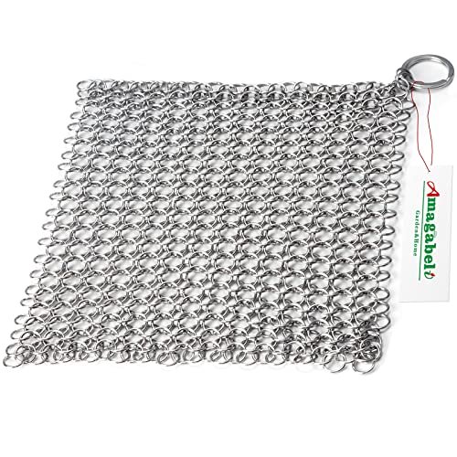 Amagabeli Cast Iron Cleaner 8'x6' Rectangle Chain Metal Scrubber with Hanging Ring 316 Premium Stainless Steel Chainmail Scrubber for Skillet,Wok,Pot,Pan CS03