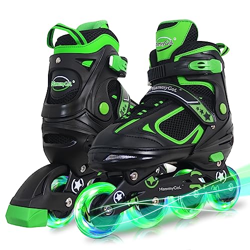 MammyGol Inline Skates for Boys Girls Kids Youth with Light up Wheels, Green Beginner Blades Roller Skates for Boys Size 10 11 12 13 Ages 6-12