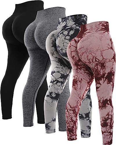 NORMOV 4 Piece Butt Lifting Workout Leggings for Women, Seamless Gym Scrunch Booty Lifting Sets(Black/Grey/Tie Dye Red/Tie Dye Grey, M)