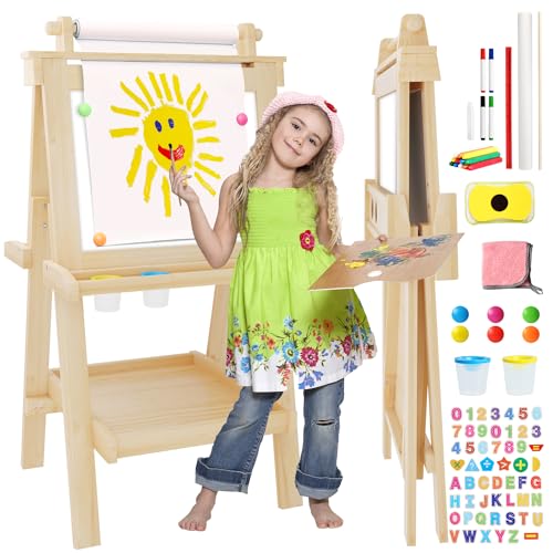 JUZBOT Easel for Kids Deluxe Foldable All-in-1 Toddler Easel with Paper Roll& 84pcs Accessories Magnetic Chalk-Whiteboard Art Easel for Kids 3 4 5 6 7 8 Years Old Boys Girls