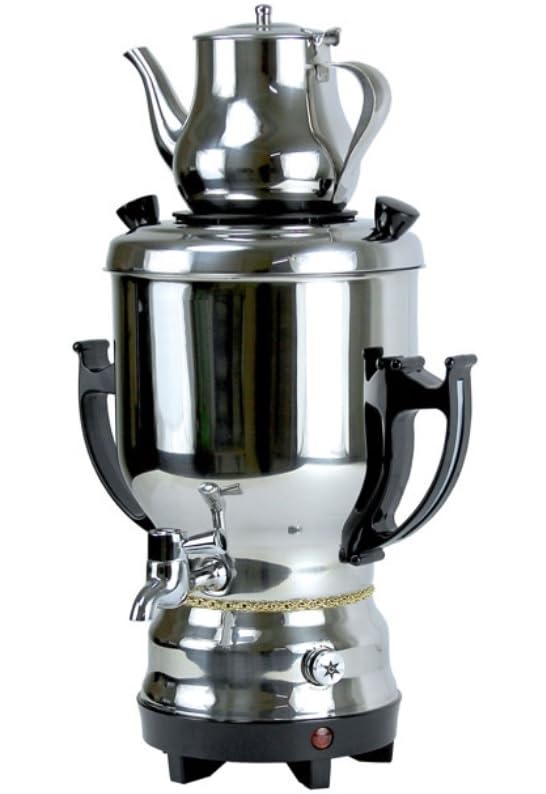 Electric Stainless Steel Persian Russian Turkish Arabic 4.5 Liter Samovar With Kettle 32oz Tea Maker Water Teapot 110V 1300W Auto Shut Off, Keep Warm