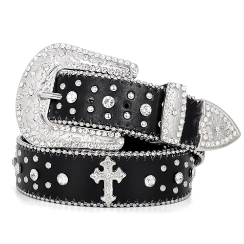 BELTROAD Rhinestone Belt for Men Women, Western Cowboy Cowgirl Belts Y2K Bling Leather Belt With Cross and Diamond for Jeans