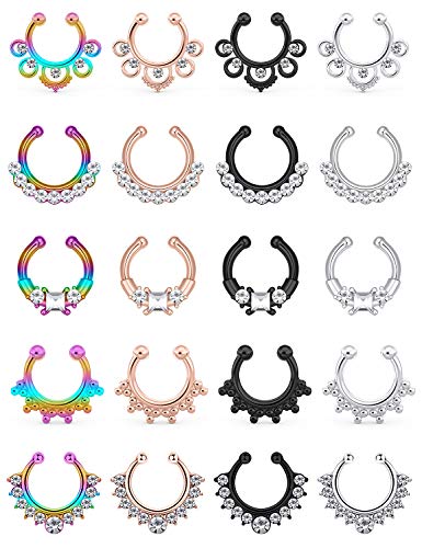 SCERRING Fake Septum Nose Hoop Rings Clear CZ Faux Non Pierced Clicker Hanger Nose Septum Ring Clip On Body Piercing Jewelry 20PCS Mix Color 1#