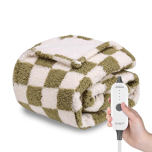 Sunbeam Printed Royal Sherpa Foot Pocket Heated Throw Electric Blanket, 50' x 60', 4 Heat Settings, 4-Hour Auto Shut-Off, Warming Cozy Throw for Couch, Sofa or Bed, Machine Washable, Sage Checkerboard