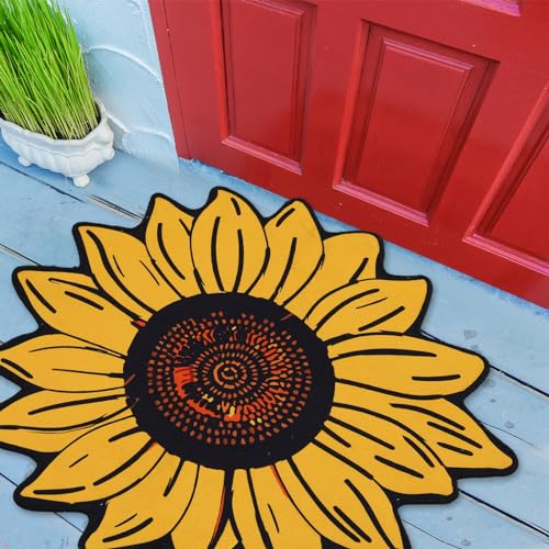 Tinideya Sunflower Rug Extra Large Welcome Doormat 29.5' x 29.5' Sunflower Area Rug Sunflower Shape Non Slip Mat Summer Decorative Floral Mat for Kitchen Bathroom Bedroom Living Room Indoor Outdoor