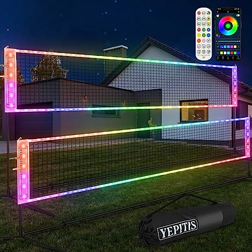 YepItIs LED Badminton Net, 17ft Light Up Portable Badminton Set with APP & Remote Control, Music Sync, Easy Setup Nylon Net with Poles for Badminton, Kids Volleyball, Pickleball (Badminton Net Set)