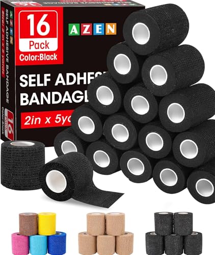 AZEN 16 Pack Self Adhesive Bandage Wrap Black, 2' X 5 Yards Black Athletic Tape, Vet Wrap, Tattoo Grip Tape Wrap，Ankle Tape, Cohesive Bandage Wrap