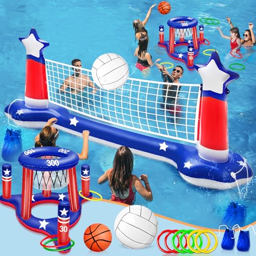 Pool Volleyball Net & Basketball Hoop & Ring Toss, 3-in-1 Large Inflatable Pool Games Set with 2 Balls 6 Rings American Flag Floating Swimming Pool Toys for Kids Adults Summer Patriotic Pool Party