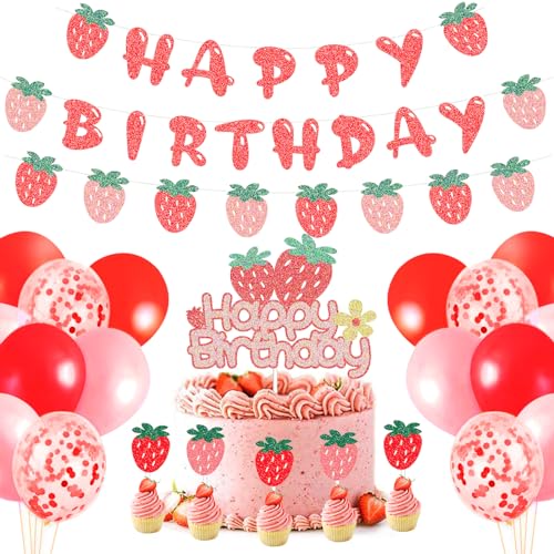 CODOMOR Strawberry Birthday Party Decoration Set with Strawberry Birthday Balloon Garland, Strawberry Cake Toppers, Strawberry Balloons for Baby Girls First Birthday Party Supplies, Fruit Themed Party Supplies