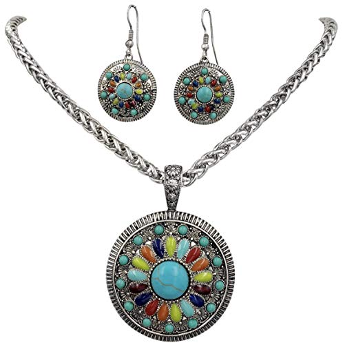 Multi Color Simple Pendant Silver Tone Simulated Turquoise Boutique Style Statement Necklace & Dangle Earring Set (Round 2)