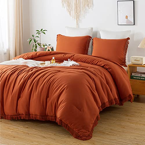 Andency Comforter King Size Set Burnt Orange, 3 Pieces Terracotta Boho Bed Tassel Lightweight Bedding Comforter Sets, All Season Rust Soft Bed Set (104x90In Comforter & 2 Pillowcases)