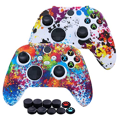 [2 Pack] Jusy Compatible with Xbox Series X/S Controller Soft Silicone Cover Skin, Sweat-Proof Dust-Proof Anti-Slip Case Cover Protective Accessories Set, with 10 Thumb Grips (Graffiti)