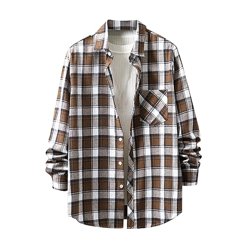 Button Down Shirt Men, Mens Shirts Regular Fit Long Sleeve Casual Plaid Shirt Fall Black Dress Shirt Casual Flannel Shirt Casual Men Dress Shirt Large Casual Shirts Dress (XL, Brown)