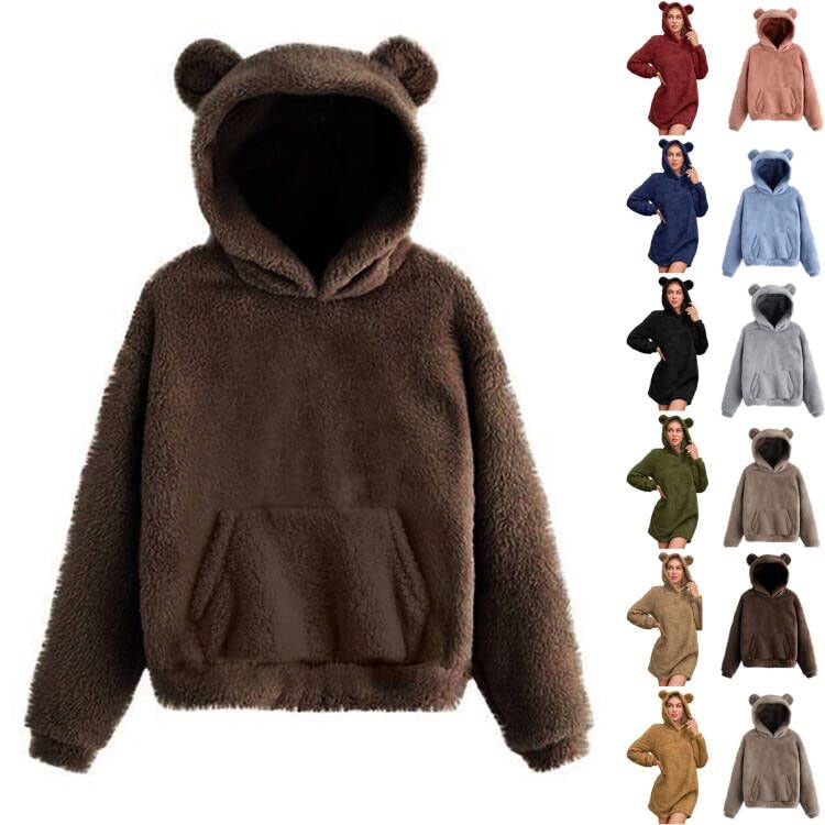 Women Bear Hoodie Winter Warm Fuzzy Fleece Cute Teddy Coat Oversized Sweatshirt Plain Pullover, Harajuku Jacket Outerwear Y2K Clothes Casual Thick Long Sleeve Shirt(A-Coffee,X-Large)