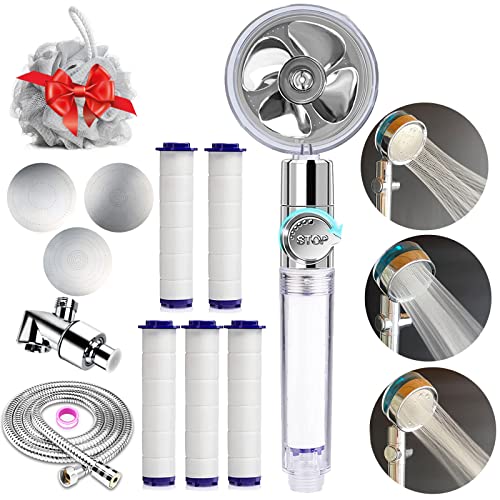 Turbocharged Shower Head Handheld Turbo Fan Shower Kit with Replacement Hose/Bracket/Cotton Filters and Bath Loofah, 3 Water Panels for Different Experience-Clear Gray
