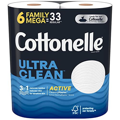 Cottonelle Ultra Clean Toilet Paper with Active CleaningRipples, 1-Ply, 6 Family Mega Rolls (6 Family Mega Rolls = 33 Regular Rolls), 388 Sheets per Roll, Packaging May Vary
