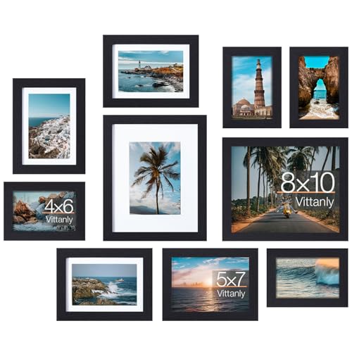 Vittanly 10 Pack Picture Frames Collage Wall Decor, Gallery Wall Frame Set for Wall or Tabletop Display, Multi Sizes with Two 8x10, Four 5x7, and Four 4x6 Photo Frames, Black