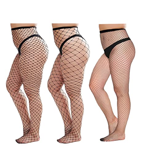 CURRMIEGO Womem's Sexy Black Fishnet Tights Plus Size Net Pantyhose Stockings (Black 3 Pairs, One size)…