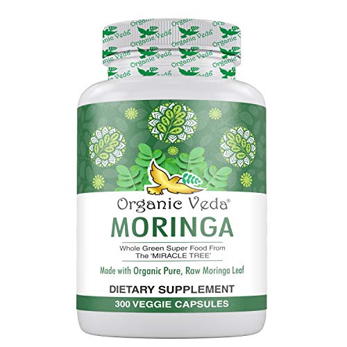 Organic Veda Moringa Capsules – 100% Pure Moringa Supplement Made from Organic Raw Dried Moringa Leaf - Non-GMO Whole Green Super Food Nutrition (300 Count)