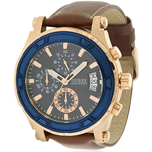 GUESS Brown + Blue Genuine Leather Chronograph Watch with Date Function. Color: Brown (Model: U0673G3)