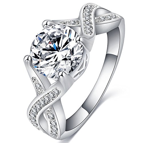 FENDINA Women's Luxurious 18K White Gold Plated Cubic Zirconia Infinity Love Solitaire Engagement Wedding Promise Rings for Her, Size 6