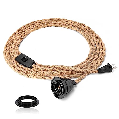 Industrial 15ft Pendant Light Cord - Hanging Light Kit with Switch Plug in Vintage Fabric Lamp Cord with Twisted Hemp Rope Pendant Lights Socket Set E26 E27 for Pendant Lamp Farmhouse Lamp Cable DIY