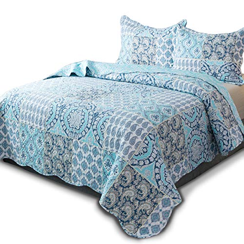 KASENTEX Country-Chic Printed Pre-Washed Quilt Bedding Set - Microfiber Fabric Quilted Pattern Bedding (Multi-Blue B, Queen + 2 Shams)