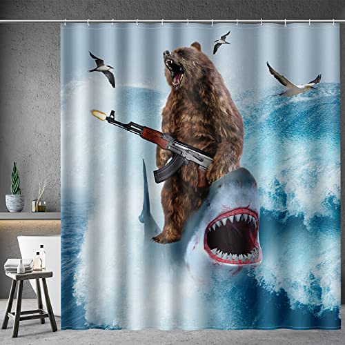 Funny Shark Bear Shower Curtain - Fun Bear Riding Shark in Ocean Wave Cool Shower Curtains Set with 12 Hooks for Adults Wild Bathroom Decor Accessories, 72'x72', Blue Brown