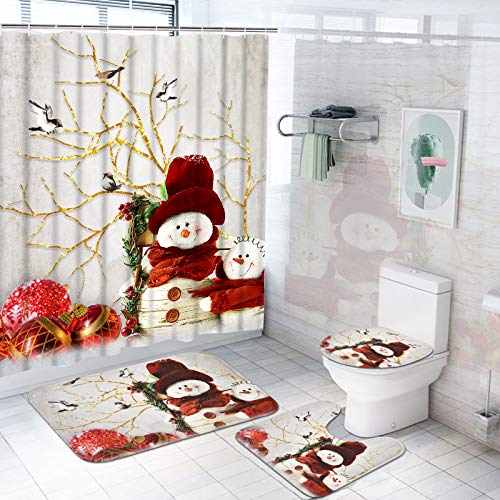 BLEUM CADE 4Pcs Merry Christmas Shower Curtain Set with Non-Slip Rug, Toilet Lid Cover and Bath Mat, Xmas Snowman Shower Curtains with 12 Hooks, Christmas Shower Curtain Sets for Bathroom