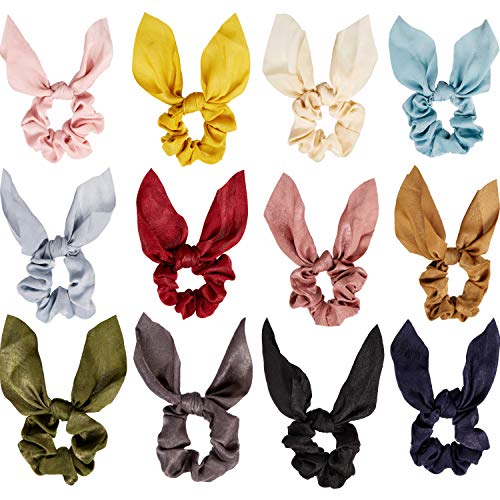 12 Pieces Bow Hair Scrunchies Rabbit Bunny Ear Scrunchies Silk Bow Bowknot Scrunchies Bobbles Elastic Hair Ties Ropes Ponytail Holder Accessories for Women Girls Multicoloured