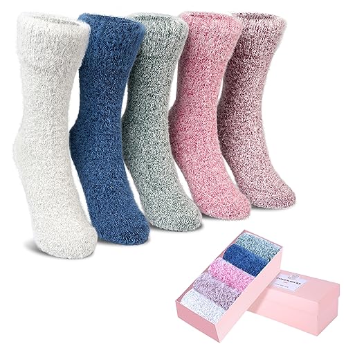 SISOSOCK Fuzzy Socks for Women Cozy Soft Warm Socks Casual Home Sleep Comfy Socks 5 Pack Winter Socks Gifts for Women