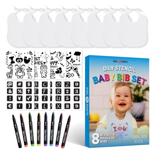 Baby Bibs Set - 2 Ply Knit Terry Solid White Feeder Bibs - Kit Includes, 8 Bibs, 8 Fabric Markers, 8 Stencils, - Baby Gifts - Registry For Baby - Gender Reveal - Gift for Baby Party - Baby Shower Game