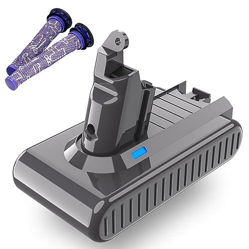 6.0Ah 21.6V Replacement Battery for V6 Battery Compatible with SV03 SV04 SV05 SV06 SV07 SV09 VTC4 DC58 DC59 DC61 DC62 DC72 DC74 V6 Animal V6 Absolute V6 Motorhead Handheld Vacuum + 2 Filters