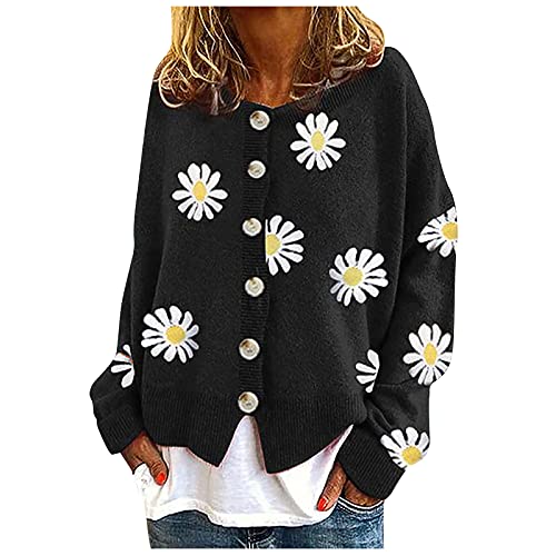 Lightning Deals of Today Knitted Sweater Cardigan for Women Button Up Cardigan Daisy Flower Print Sweater Long Sleeve Casual Lightweight Cardigan Black