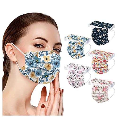 50PC Flower Disposable Face_Masks for Women, 3-Ply Colorful Floral Breathable Face_Mask with Nose Wire for Glasses Wearers, Protective Facemask with Printed Design for Adults Holiday Party