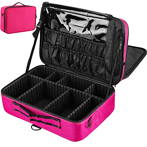 JAZZ GORDON Makeup Bag Large 3 Layers Travel Makeup Organizer Professional Makeup Case Portable Artist Storage Mkeup Brush Bag with Adjustable Dividers,Straps (Rose Red)