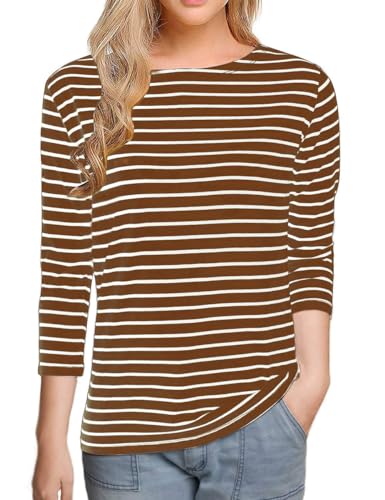 LilyCoco Women's Striped T-Shirt 3/4 Sleeve Tops Slim Fit Casual Crew Neck Shirts Sl1-3/4 Sleeve-Big Brown Stripe X-Small