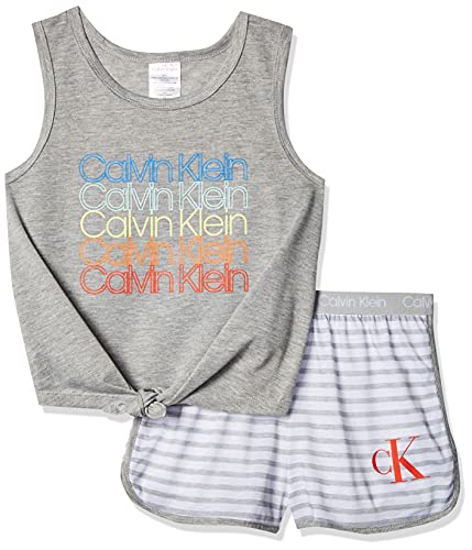 Calvin Klein Girls' Little 2 Piece Sleepwear T-Shirt and Shorts Pajama Set Pj, Grey/Heather Stripe, Small