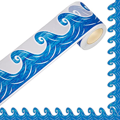 66Feet Bulletin Board Borders, Self Adhesive Rolled Border Trim Blue Ocean Waves Patterns Decoration with Strong & Permanent Adhesive for School, Classroom Offices Wall, Desks, Windows, Doors