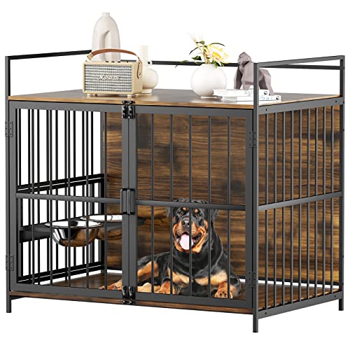 ROOMTEC Dog Crate Furniture-Style Cages for Large Dogs Indoor Heavy Duty Super Sturdy Dog Kennels with 2 Stainless Steel Bowls (48Inch = Int.dims: 46' W x 29' D x 35.5' H)