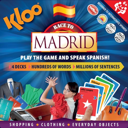 KLOO Learn Spanish Board Game Race to Madrid | Home Fun for Family Kids Adults | Colored vocab Cards | Make Sentences & Talk in a Flash | Juegos de Mesa en Español para la Familia | Boardgame for 1–4