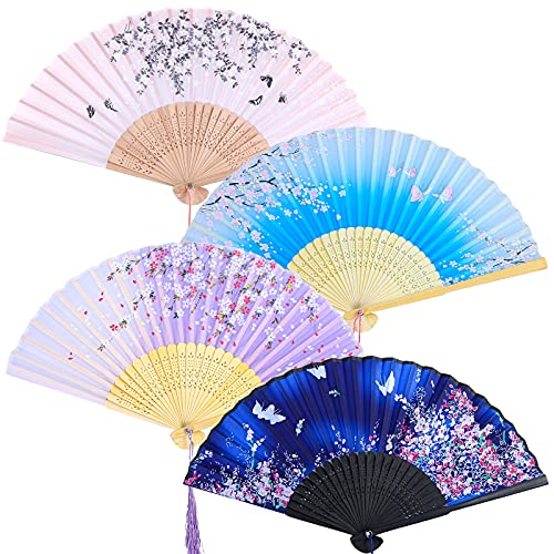Aneco 4 Pieces Folding Fans Bamboo Handheld Fans Silk Fabric Fans Hand Holding Fans For Wedding, Party, Gifts, Wall Decoration